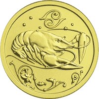 Золотая монета 25 рублей "Рак" серия: Знаки Зодиака, 3,11г., Au 999, 2005г.